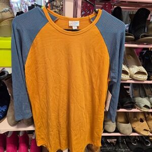 LuLaRoe Randy Baseball Tee Mustard Yellow Ribbed Blue Striped 3/4 Sleeve Medium